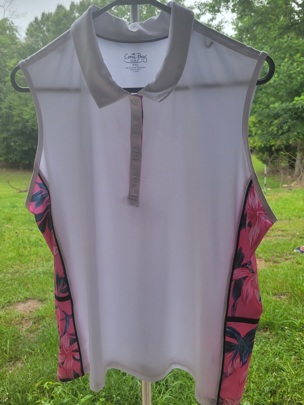 Coral Bay White Sleeveless Polo with Pink Floral Side Panels